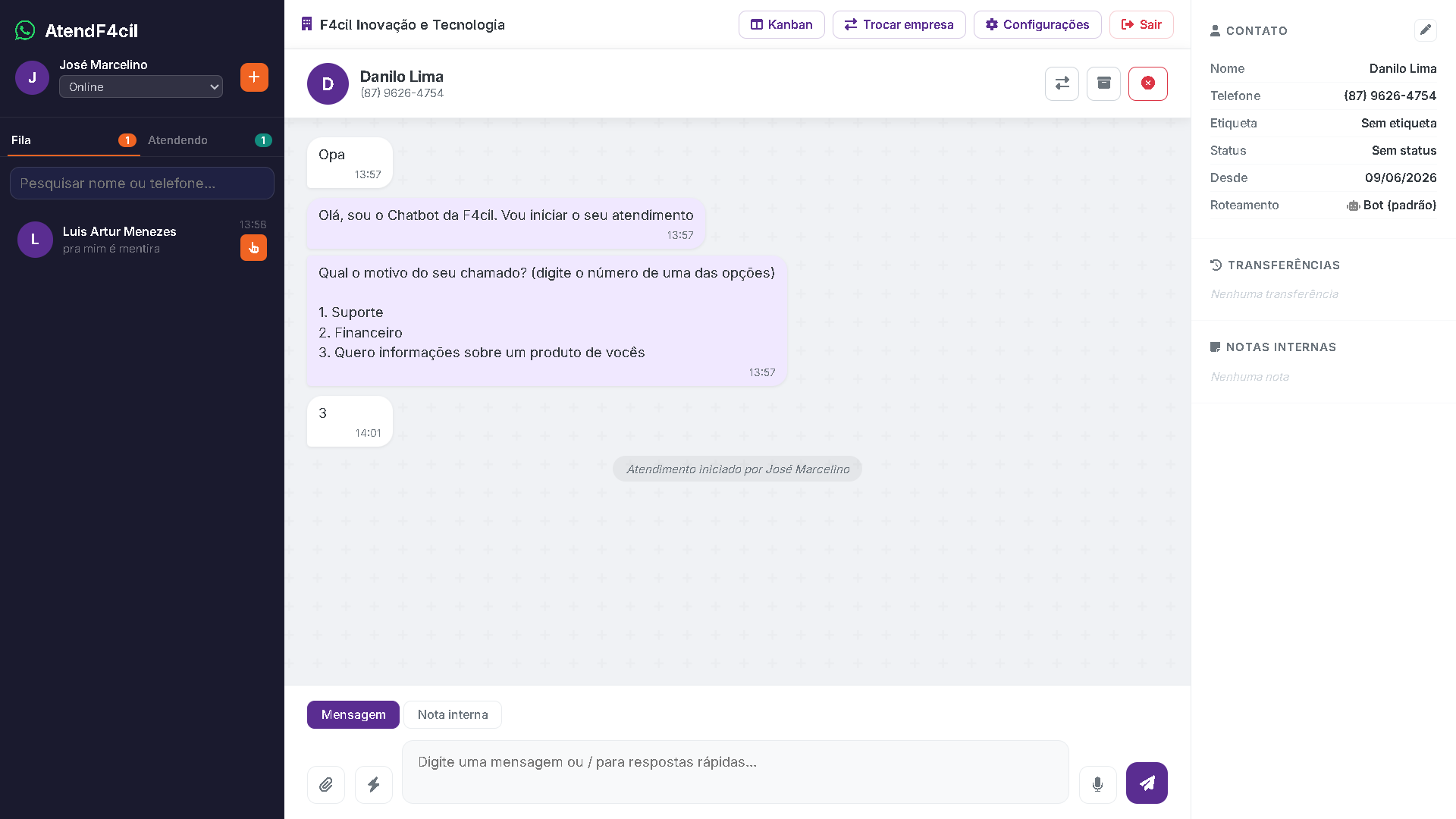 Tela de atendimento do AtendeF4cil