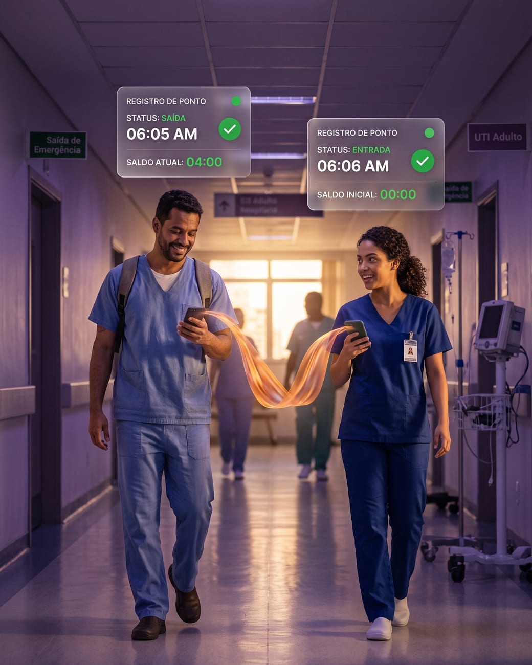 Troca de plantão em corredor de hospital: um profissional registra a saída às 06:05 e outro a entrada às 06:06, pelo celular